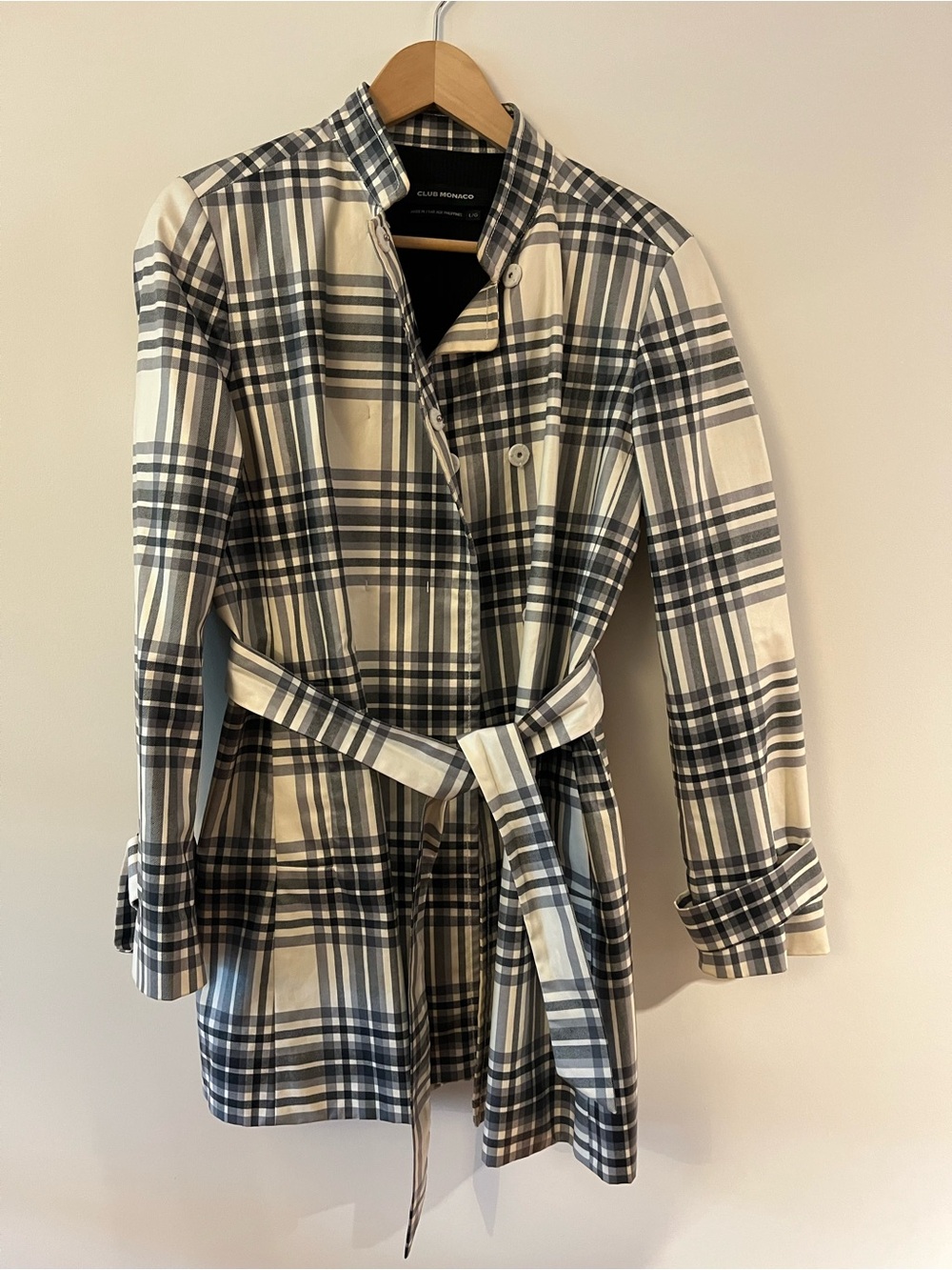 Club Monaco Black and White Plaid Belted Trench